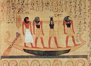 Papyrus som viser en mann som blir fraktet på en bark til livet etter døden av Thoth, Khepri og en annen gud